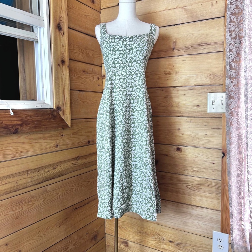 Linen Blend Midi Dress Women Medium Sage Green Ditsy Floral Sundress Old Navy